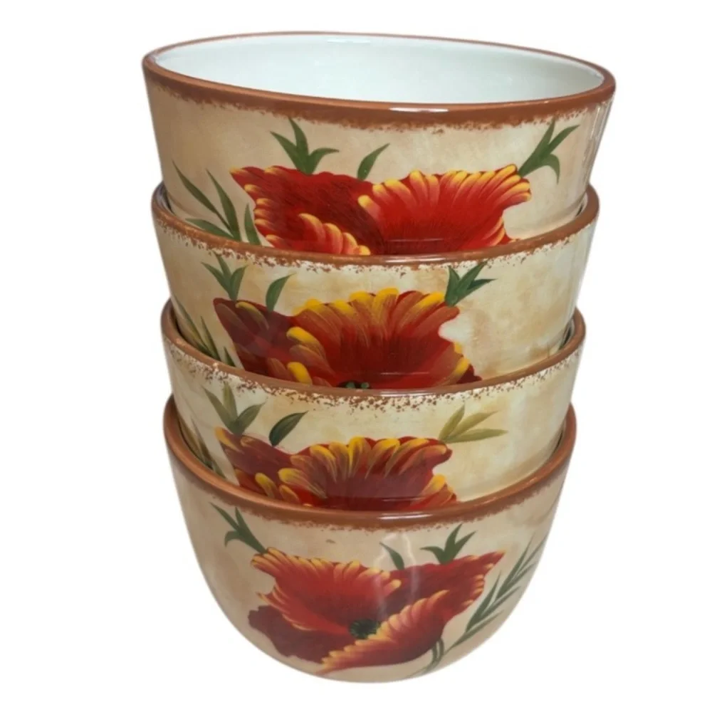 Pier 1 Poppies Bowls 6” Soup / Cereal Bowl Hand Painted Earthenware 4 Pc Set Red